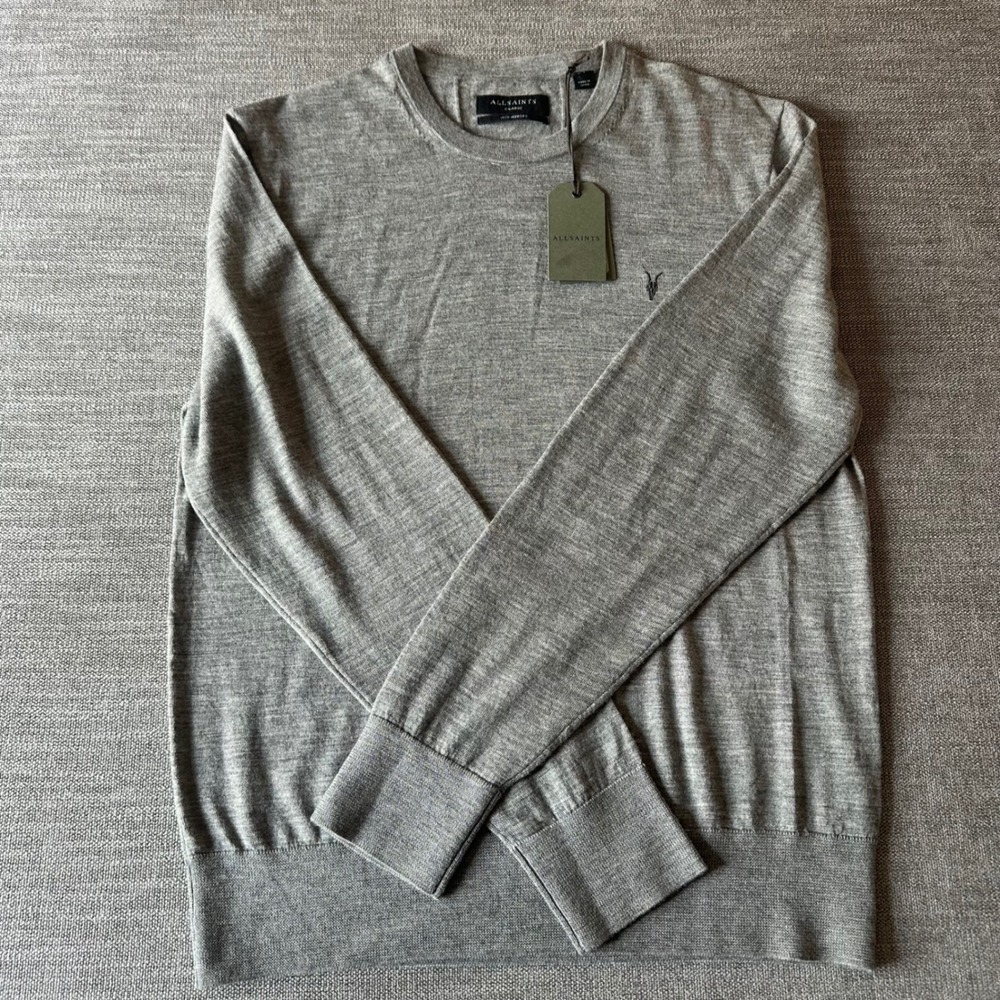 AllSaints Merino Wool Sweater Mens XL Grey NEW Ramskull Crew Neck Pullover - Picture 3 of 11